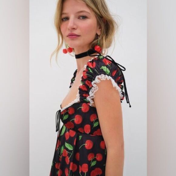 For Love And Lemons Xena Mini Cherry Dress Black Size S - Picture 4 of 10